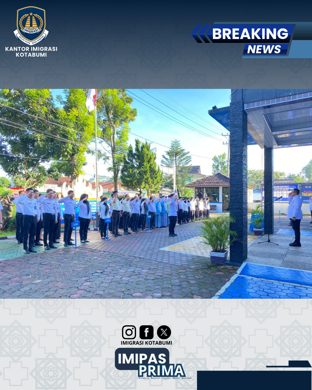 Kantor Imigrasi Kelas II Non TPI Kotabumi melaksanakan Apel Pagi dengan pembina apel Kepala Kantor, Bapak Moch. Andri Budiman. Dalam arahannya, beliau menyambut kedatangan peserta magang dan menyaksikan penandatanganan kontrak magang sebagai tanda dimulainya masa pemagangan. Beliau berharap selama enam bulan ke depan para peserta magang dapat memperoleh pengalaman dan hasil yang optimal. Kepala Kantor juga menghimbau agar seluruh pegawai bersama-sama menjaga kebersihan, kerapian, dan disiplin di lingkungan Imigrasi Kotabumi.