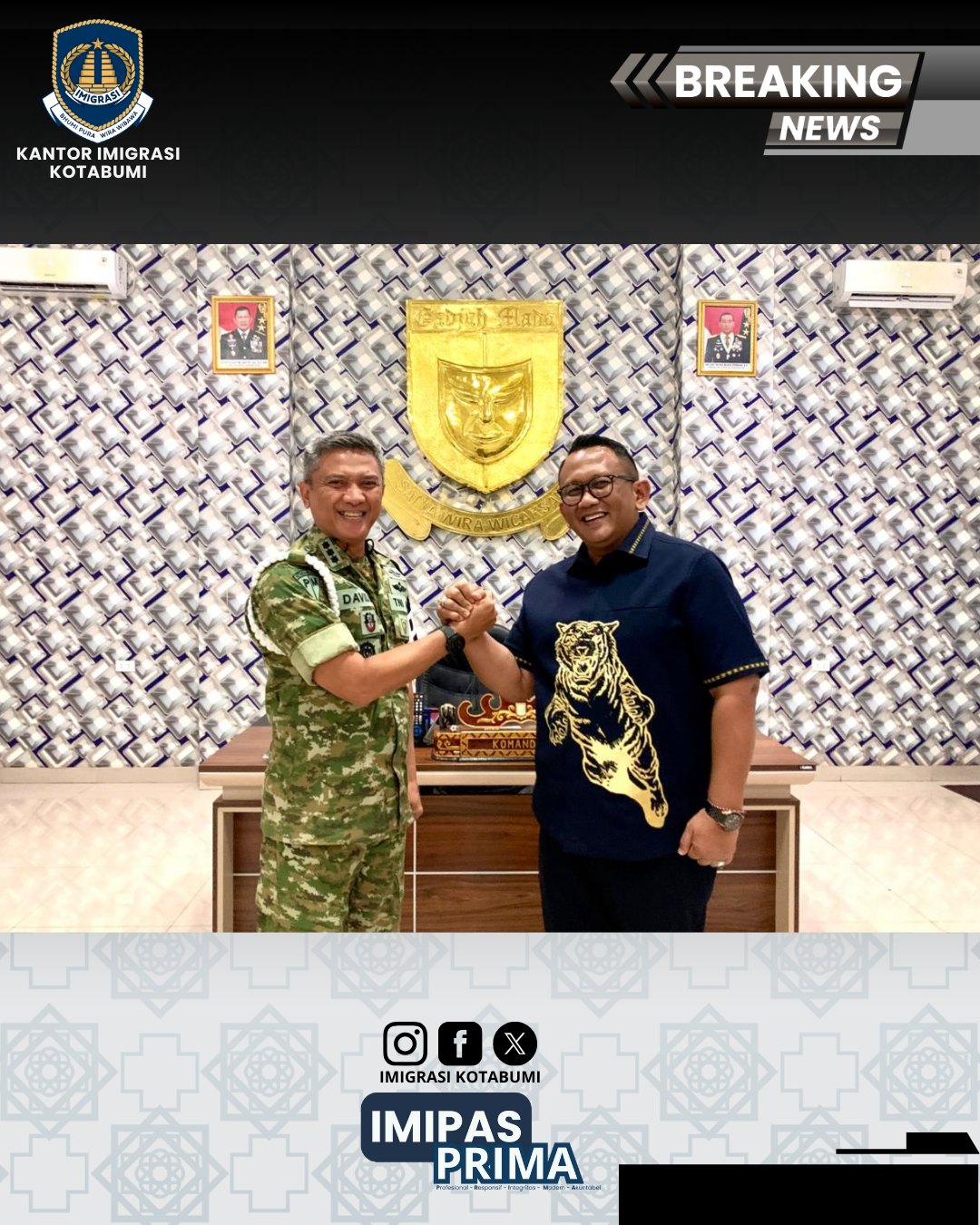 Perkuat Silaturahmi, Kepala Kantor Imigrasi Kotabumi Lakukan Kunjungan Pamitan ke Danpomdam XXI/Radin Inten
