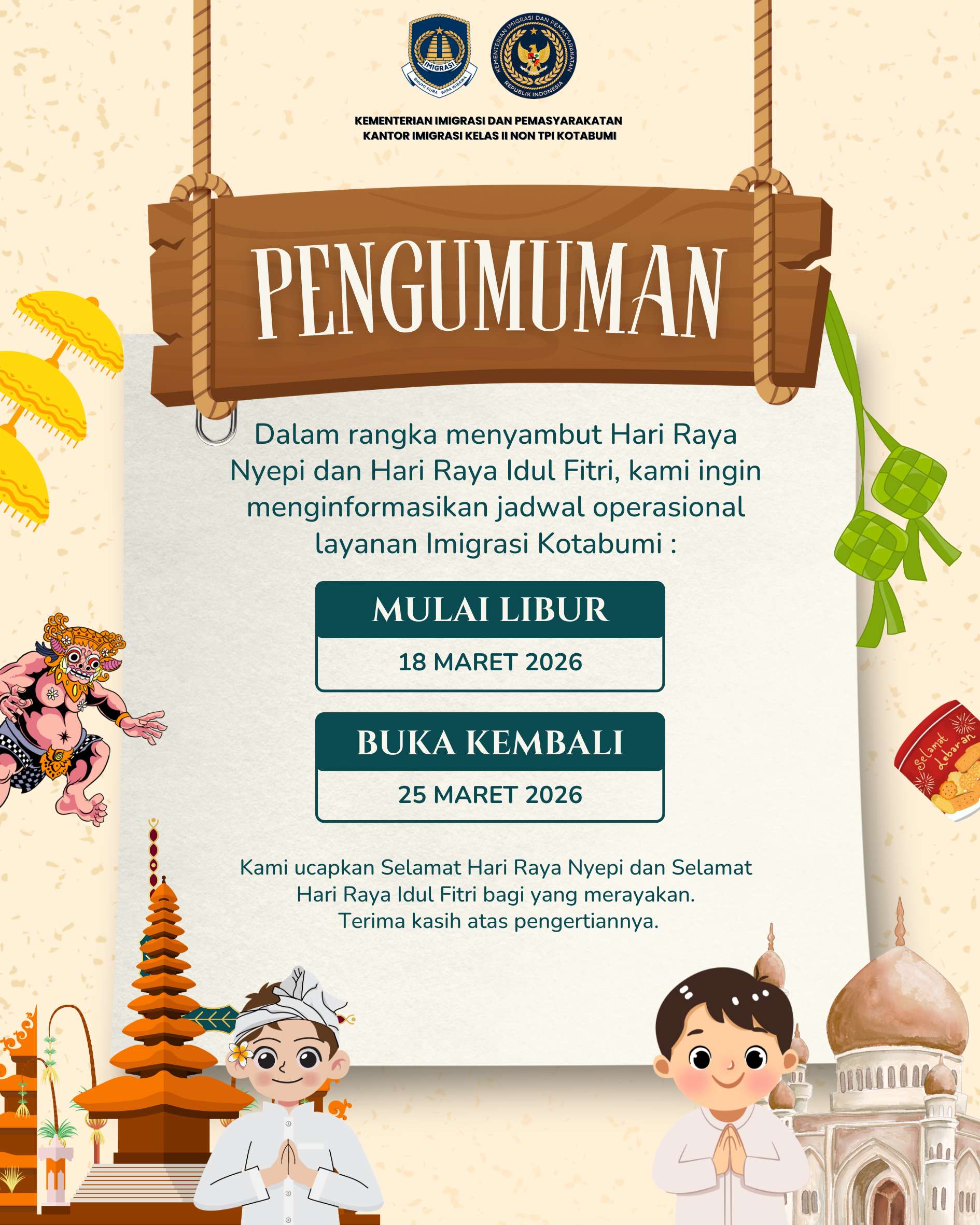 Pengumuman: Jadwal Operasional Layanan Imigrasi Kotabumi Selama Libur Hari Raya Nyepi dan Idul Fitri 2026